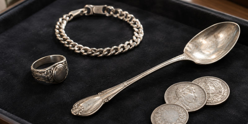 Assortiment de bijoux, couverts anciens et pièces en argent posés côte à côte