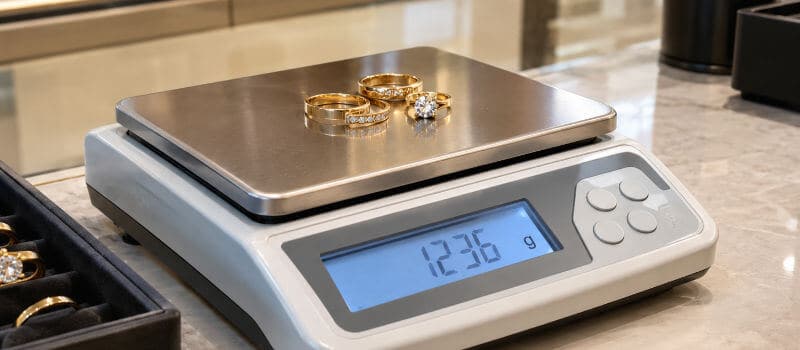 Pesée de bijoux en or sur une balance professionnelle