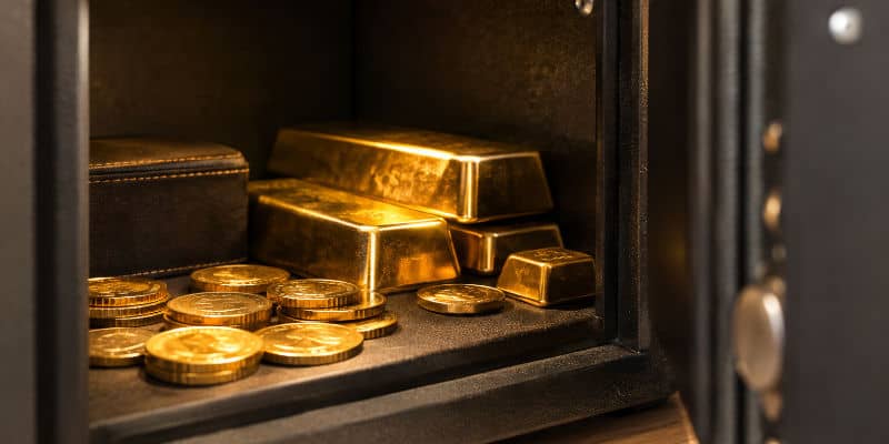 Lingots et pièces d'or rangés dans un coffre-fort sécurisé