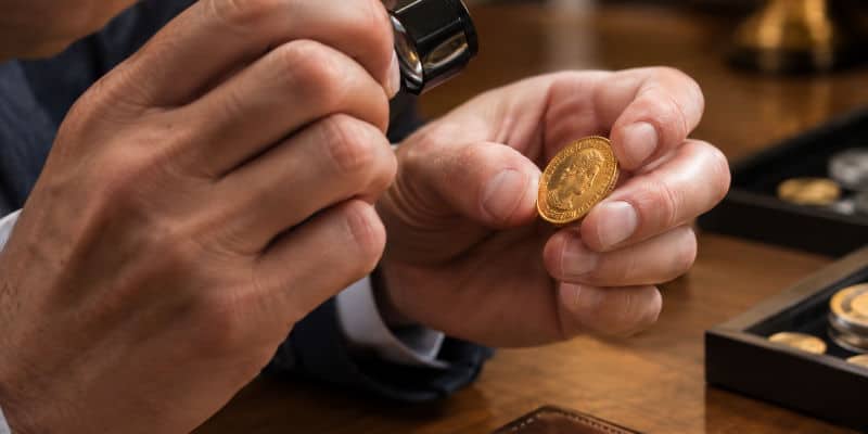 Professionnel examinant une pièce d'or ancienne à la loupe - Rachat de pièces d'or