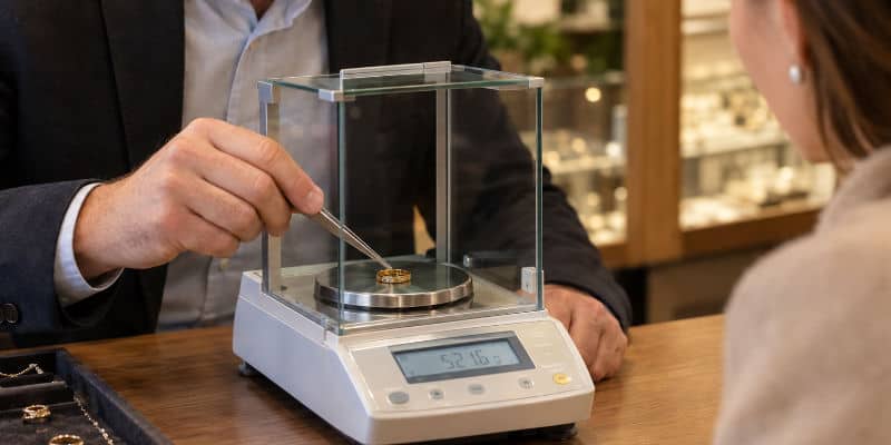 Pesée d'un bijou en or sur une balance homologuée devant le client