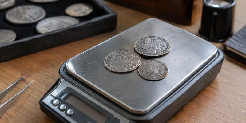 Pièces en argent pesées sur une balance de précision avant estimation