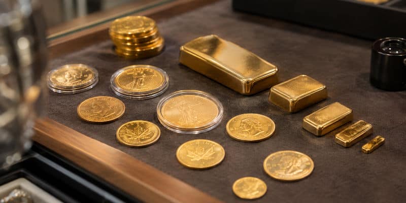 Pièces et lingots d'or de différentes tailles présentés sur un comptoir